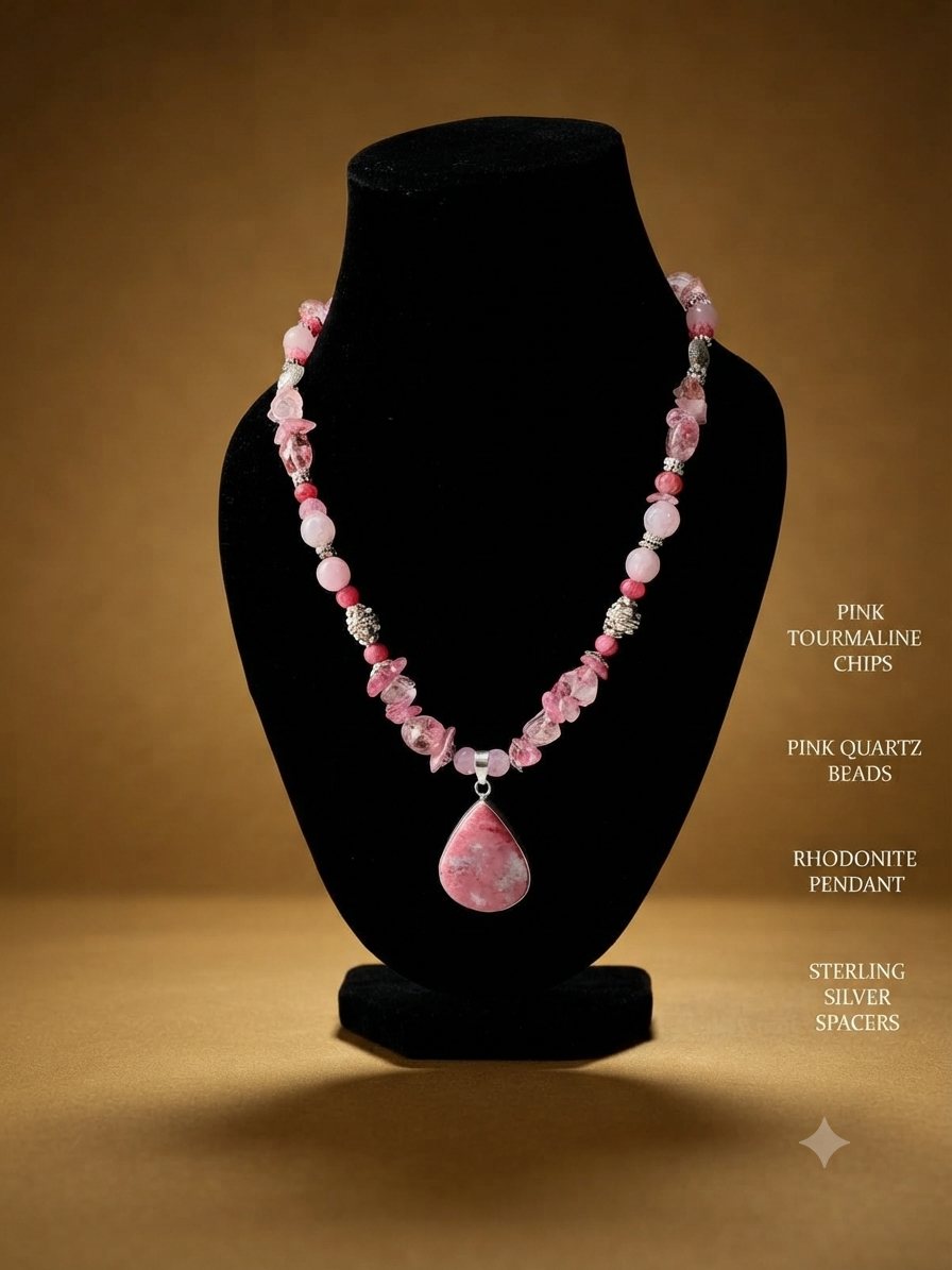 Pink Tourmaline Necklace, Pink tourmaline chips, pink quartz beads; rhodonite pendant