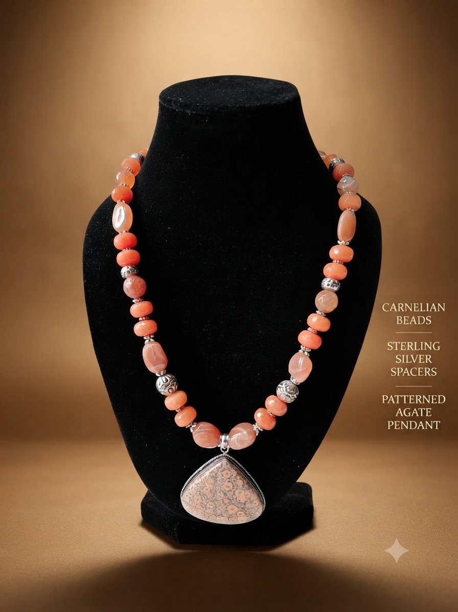 Carnelian Statement Necklace, Carnelian beads; patterned agate pendant