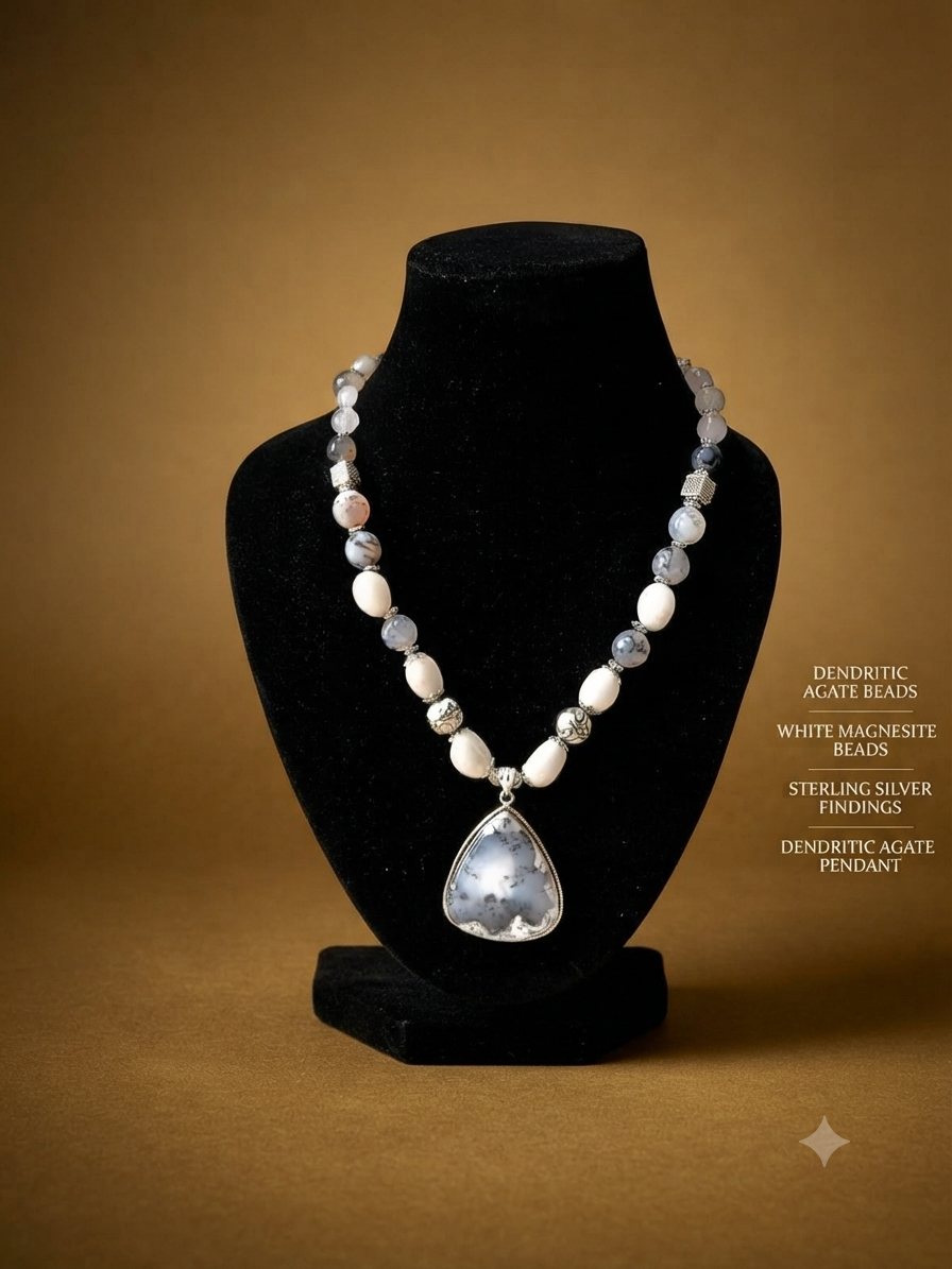 White Dendritic Agate Necklace, Dendritic agate and white magnesite beads; dendritic agate pendant