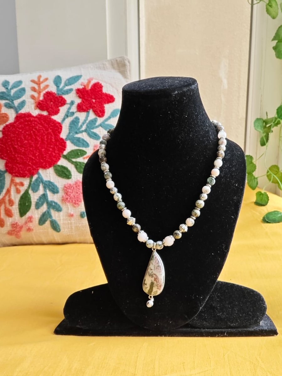 Moss Agate Teardrop Necklace, Grey and white stone beads; moss agate teardrop pendant