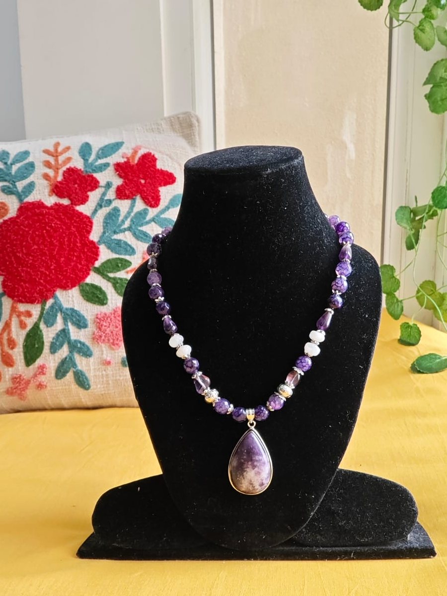 Amethyst Teardrop Necklace, Amethyst and clear quartz beads; amethyst teardrop pendant
