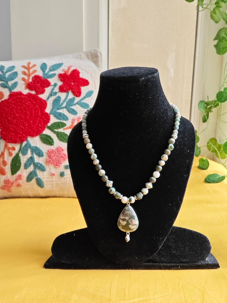 Moss Agate Teardrop Necklace II, Grey-green agate beads; moss agate teardrop pendant