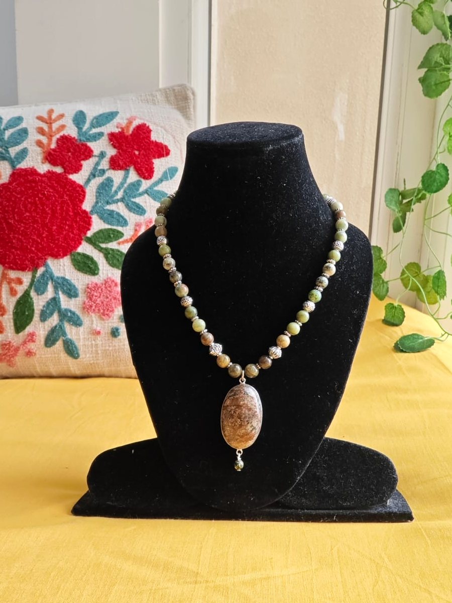 Picture Jasper Oval Necklace, Olive and earth-toned stone beads; picture jasper oval pendant