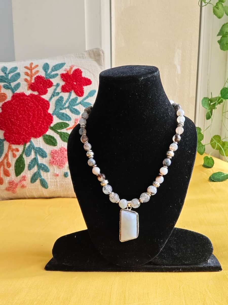 Quartz & White Chalcedony Necklace, Quartz beads; white chalcedony pendant