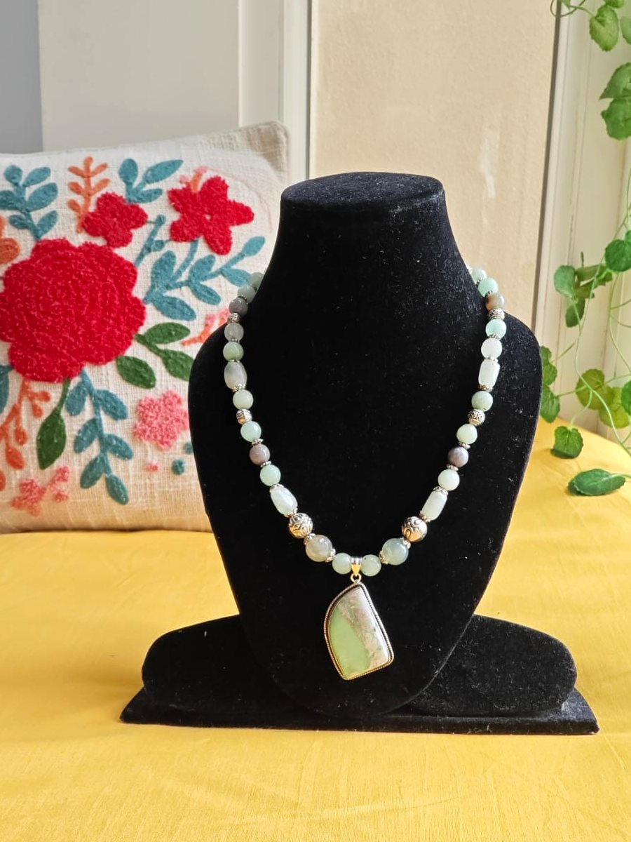 Chrysoprase Pendant Necklace, Mint and grey stone beads; chrysoprase pendant