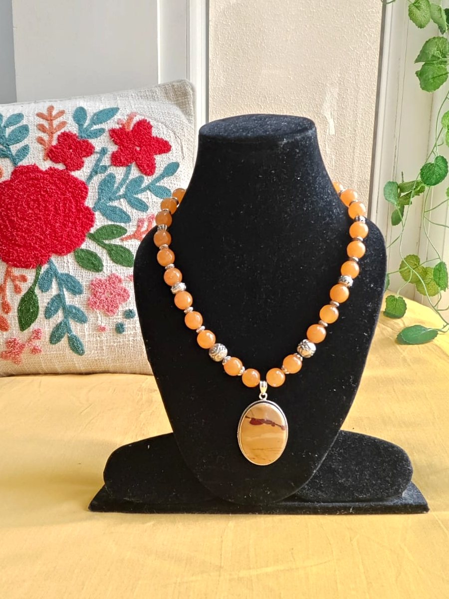 Peach Aventurine & Picture Jasper Necklace, Peach aventurine beads; picture jasper oval pendant