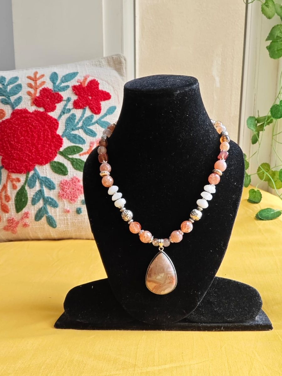 Sunstone Teardrop Necklace, Sunstone, peach moonstone and white stone beads; teardrop pendant