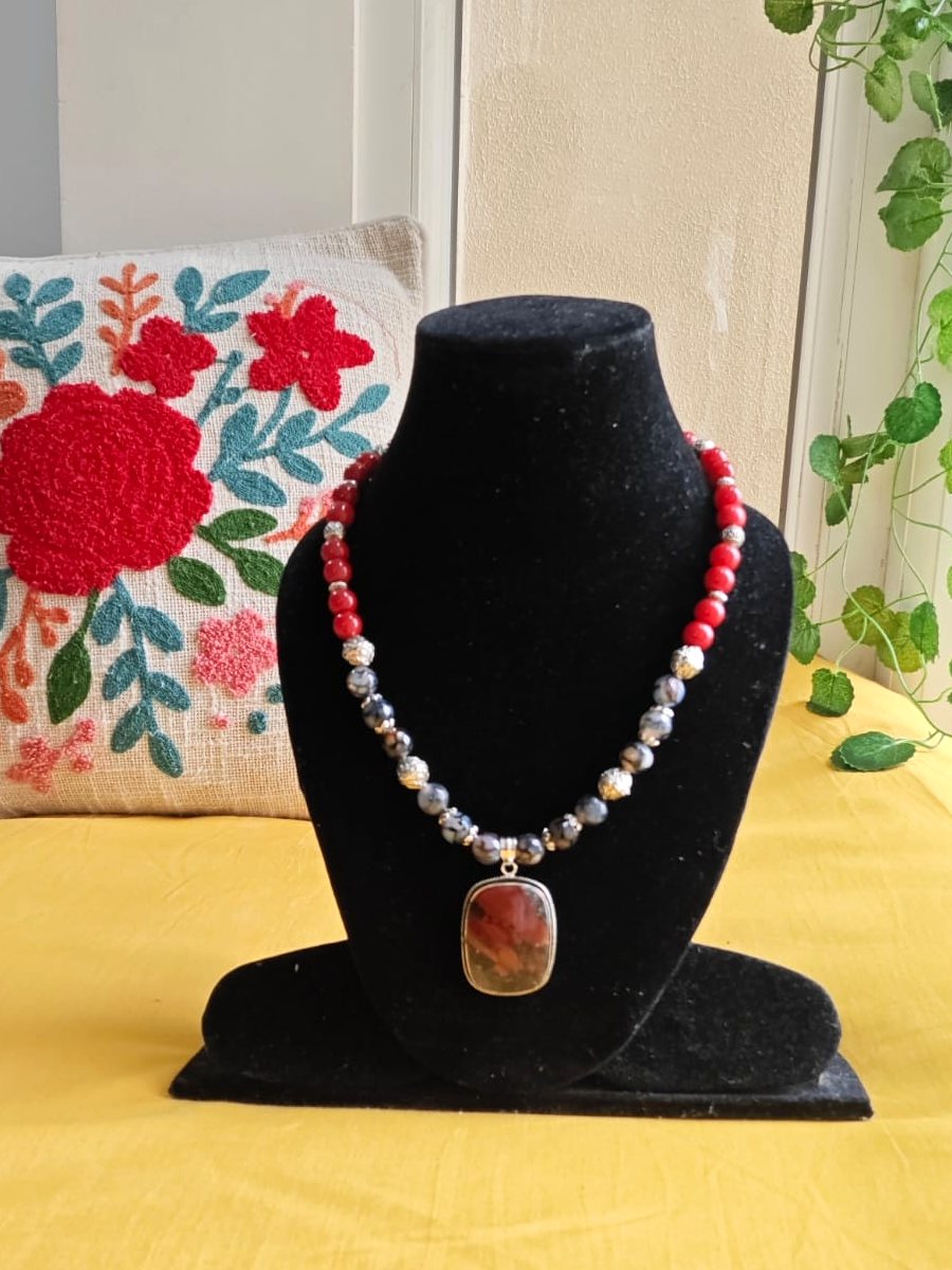Red Jasper Rectangle Necklace, Red jasper and grey stone beads; red jasper rectangle pendant