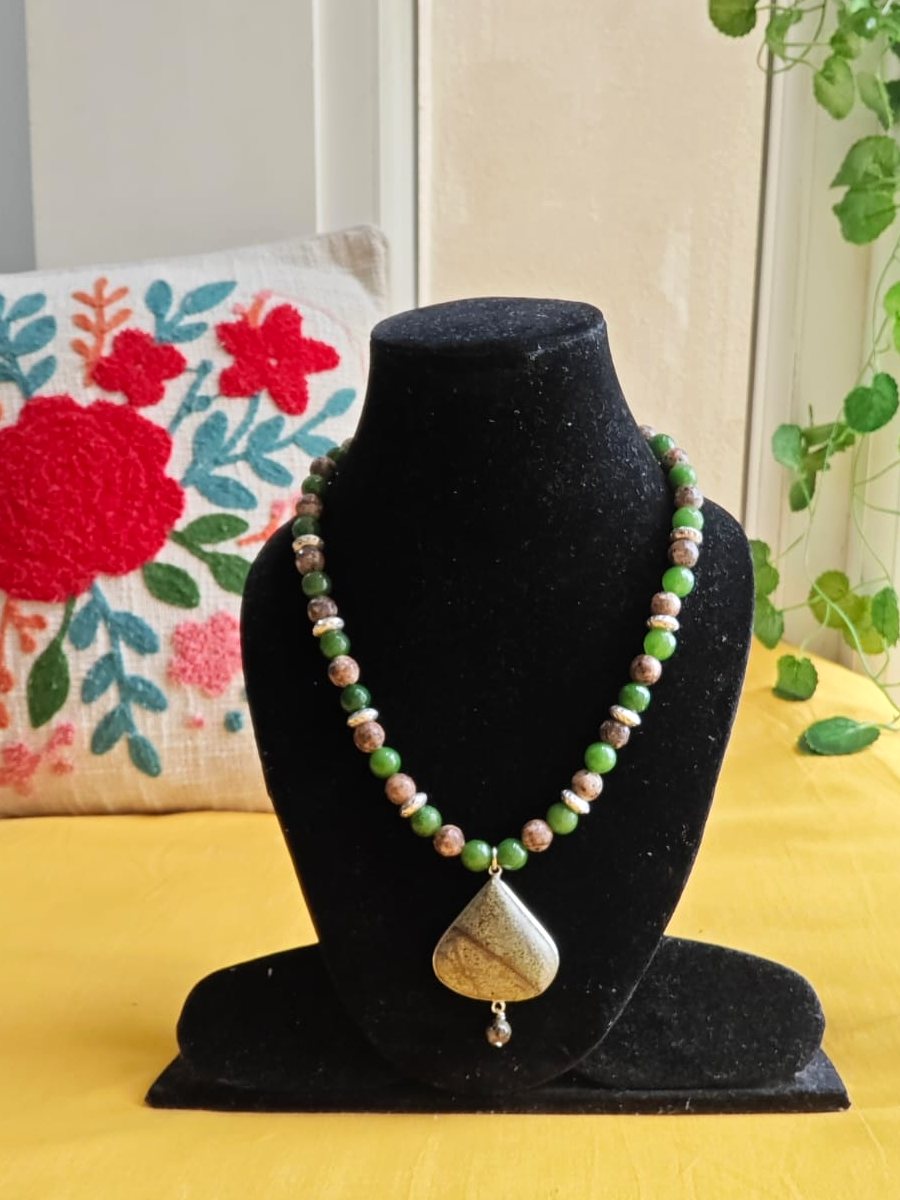 Green Jade & Jasper Necklace, Green jade and jasper beads; jasper freeform pendant