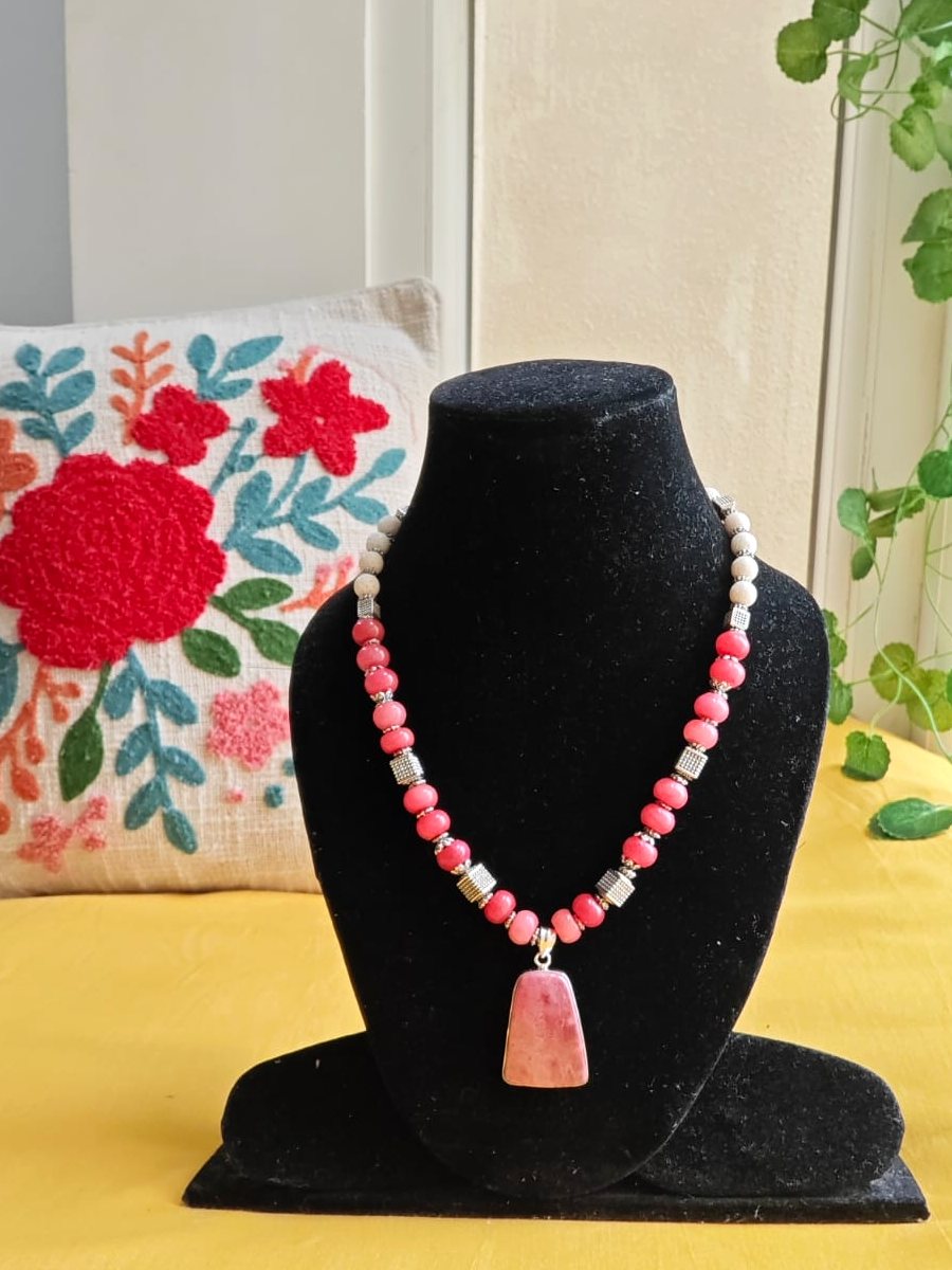Rhodonite Pendant Necklace, Pink stone beads; rhodonite pendant