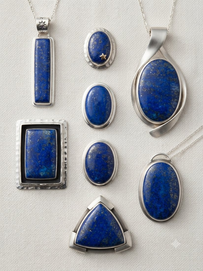 Lapis Lazuli Pendants, Deep blue lapis lazuli with golden pyrite flecks; bar, oval, rectangle and triangle settings