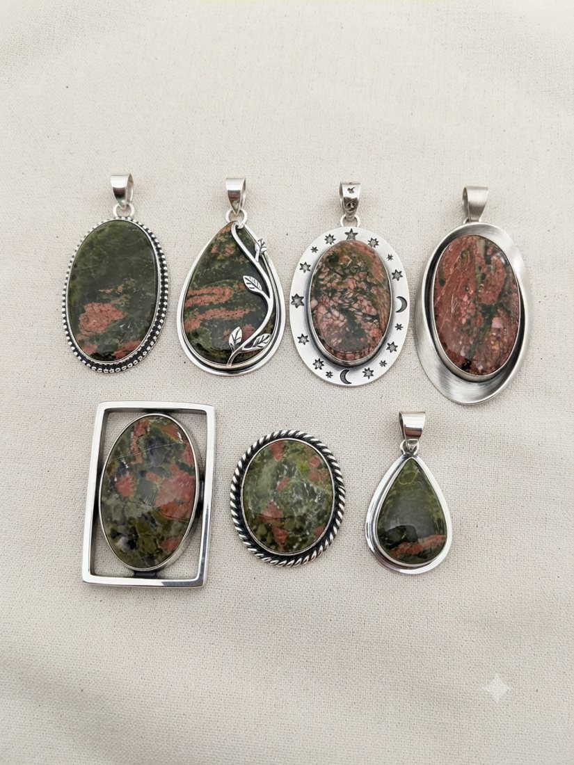 Unakite Pendants, Green and pink unakite; oval, teardrop and open-frame settings