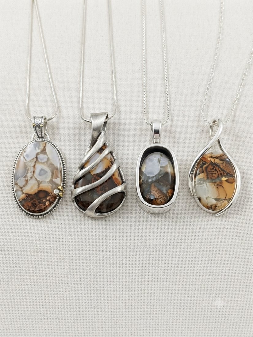 Brown & White Agate Pendants, Brown and white agate with crystalline pockets; oval, teardrop and wrapped settings