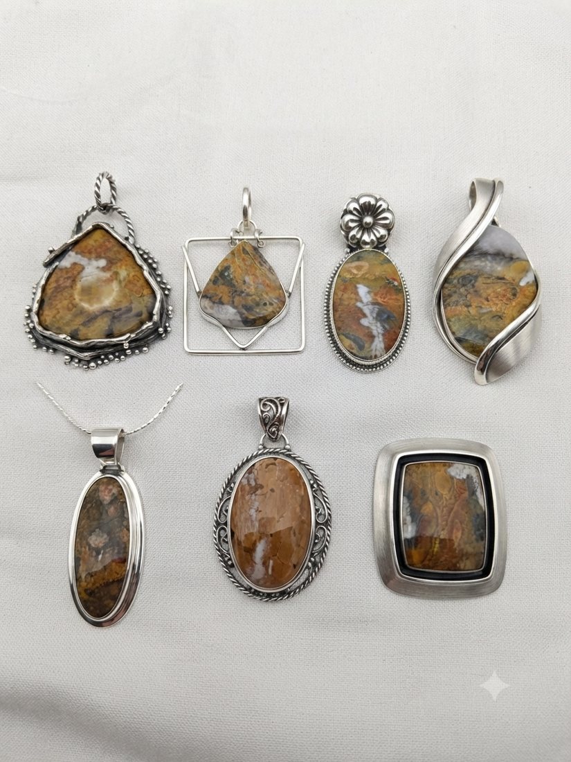 Honey Agate Pendants, Golden-brown agate with white veining; teardrop, oval and square settings