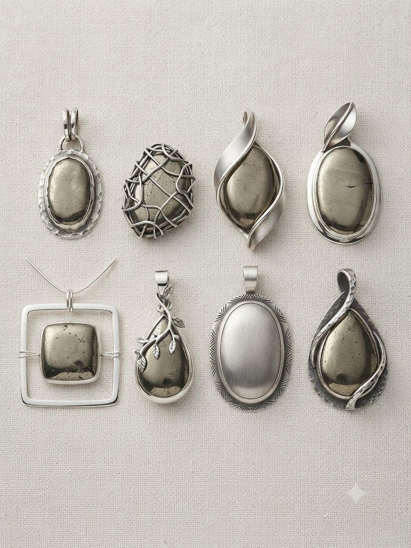 Pyrite Pendants, Metallic golden pyrite; oval, wrapped and open-frame settings
