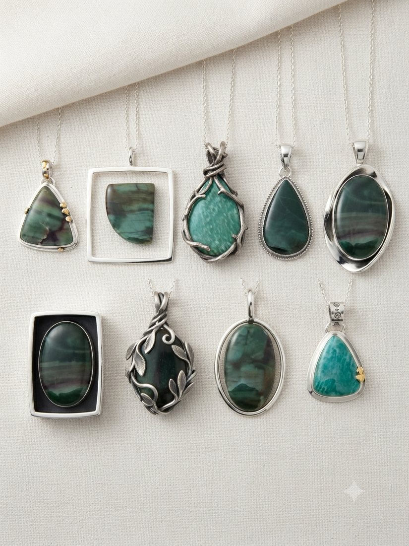 Green Fluorite & Chrysocolla Pendants, Banded green stones with teal chrysocolla; triangle, oval and open-frame settings