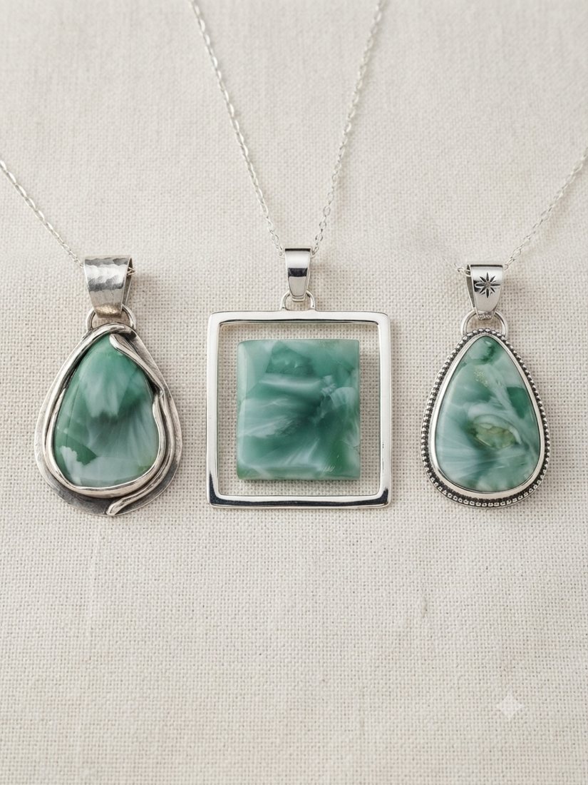 Seraphinite Pendants, Green seraphinite with a silky white feather pattern; teardrop and square settings