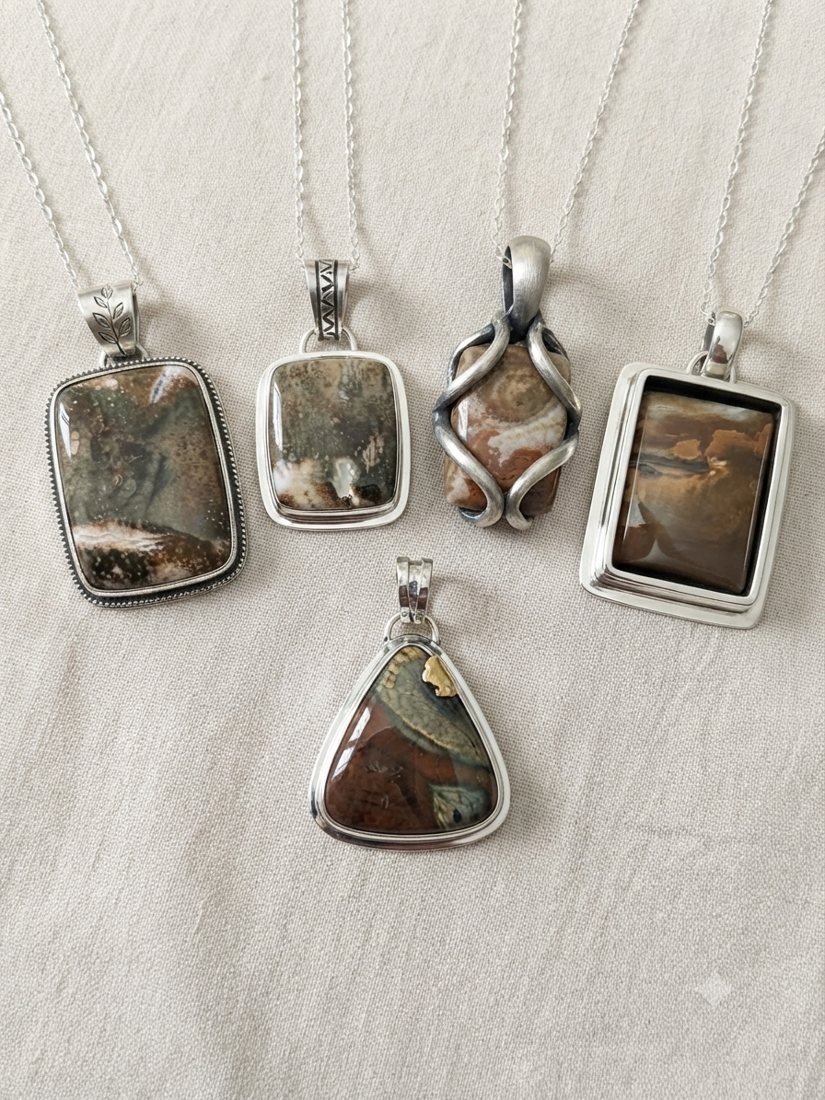 Olive & Rust Jasper Pendants, Olive, rust and cream jasper; rectangle, wrapped and triangle settings