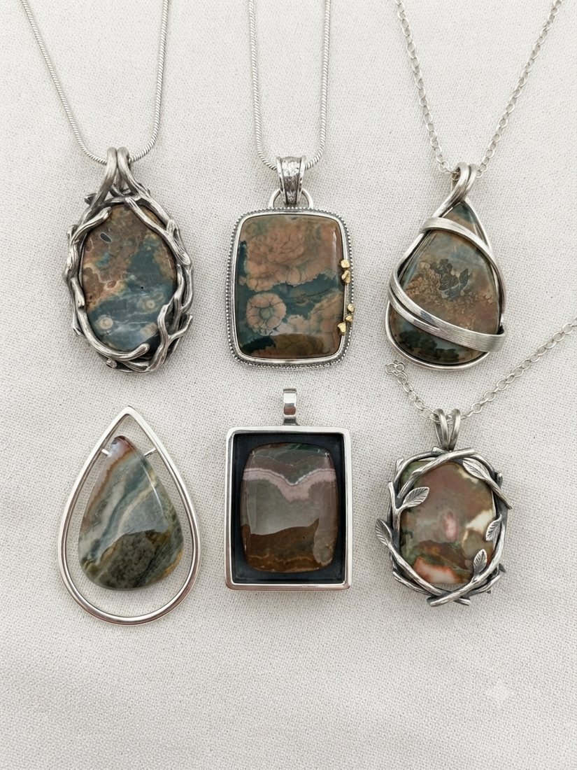 Ocean Jasper Pendants, Orbicular ocean jasper in pink, green and grey; wrapped, framed and teardrop settings