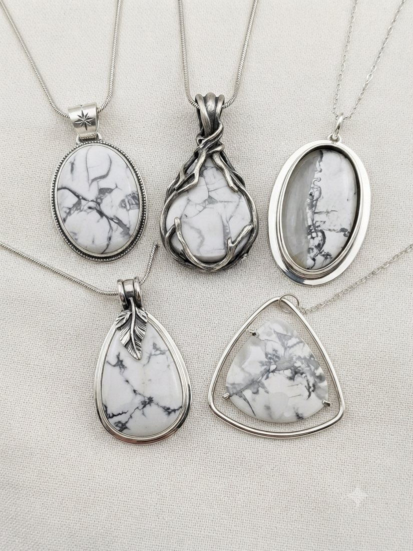 White Howlite Pendants, White howlite with black veining; oval, wrapped and triangle settings