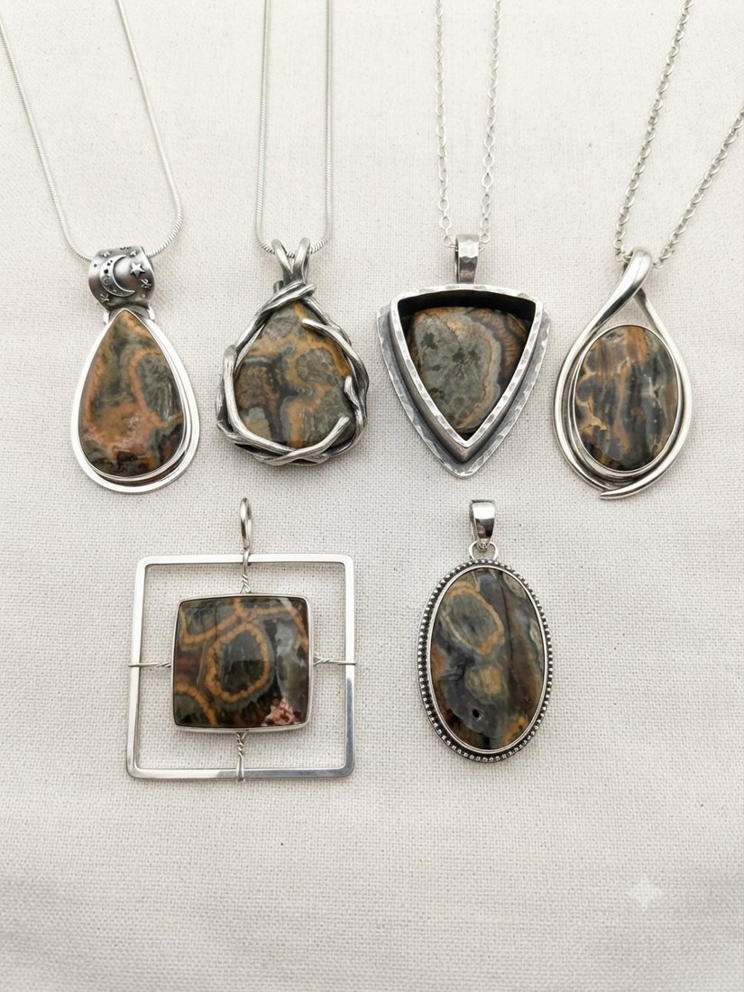 Orbicular Jasper Pendants, Brown and grey jasper with orange orbs; teardrop, triangle and square-frame settings