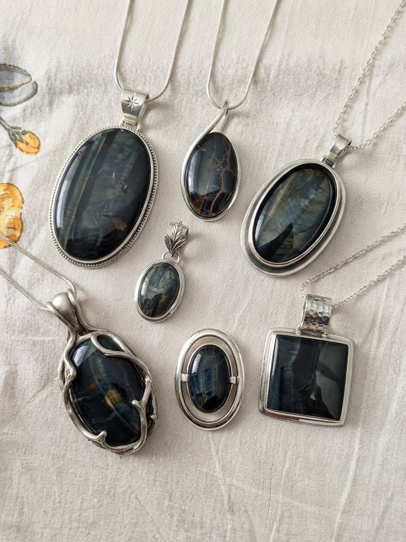 Blue Hawk's Eye Pendants, Blue-black hawk's eye (blue tiger's eye) with silky shimmer; oval, square and wrapped settings