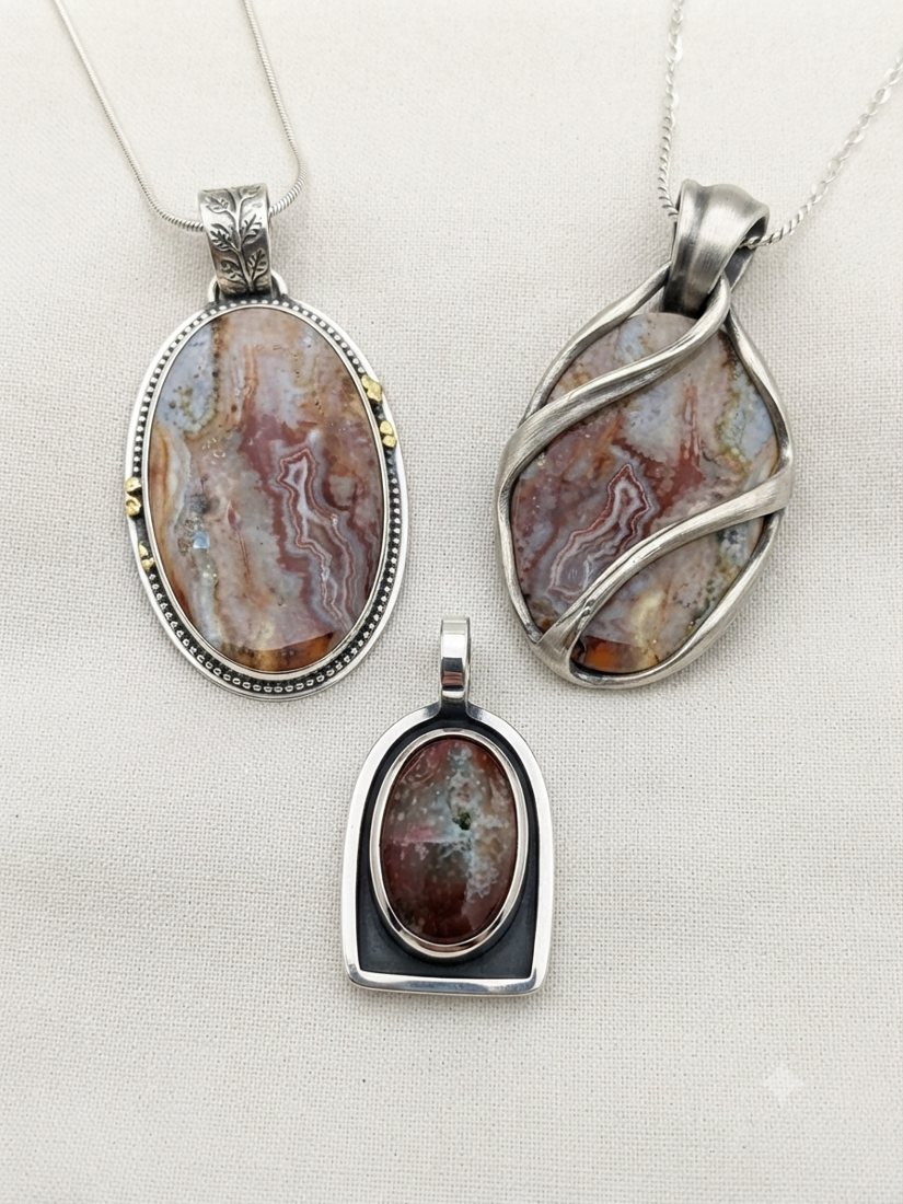 Crazy Lace Agate Pendants, Pink, red and white banded crazy lace agate with a red jasper accent