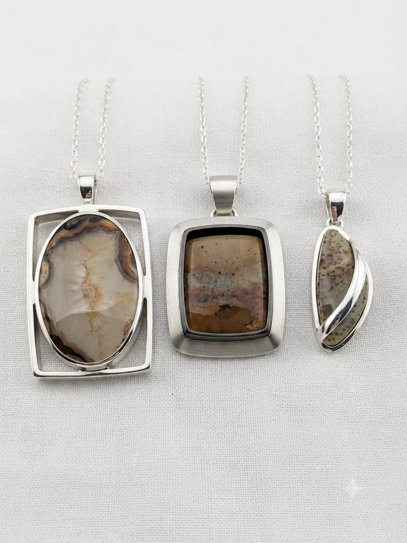 Cream & Brown Banded Agate Pendants, Cream and brown banded agate in open-frame, square and wrapped settings