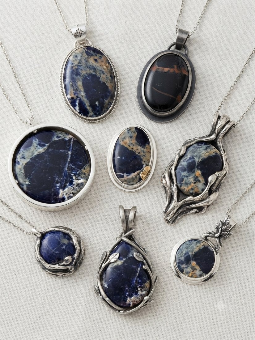 Sodalite Pendants, Deep blue sodalite with white veins, plus a black jasper accent; round, oval and wrapped settings