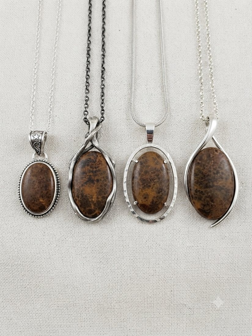 Brown Jasper Pendants, Brown jasper with dendritic patterns; oval and wrapped settings