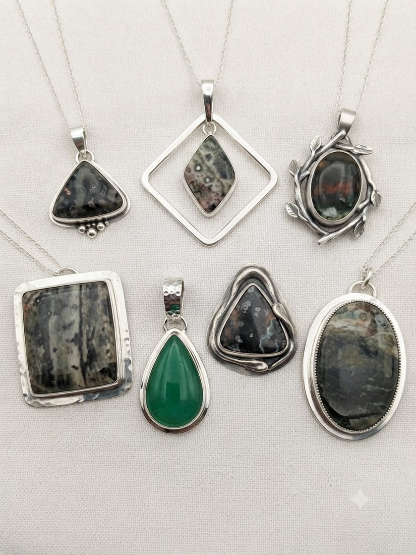 Dark Ocean Jasper & Chrysoprase Pendants, Dark grey-green jasper with a bright green chrysoprase teardrop