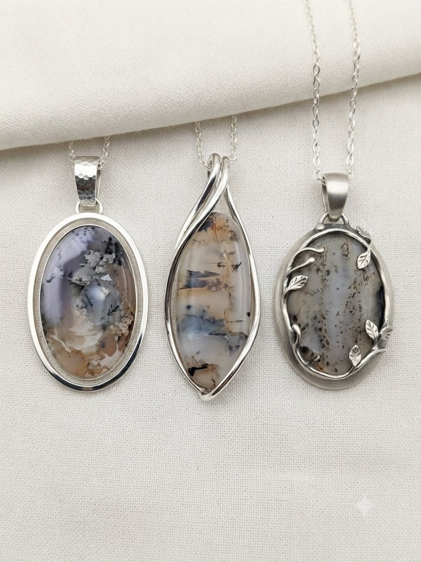 Dendritic Moss Agate Pendants, Grey and lavender dendritic agate with feathery inclusions