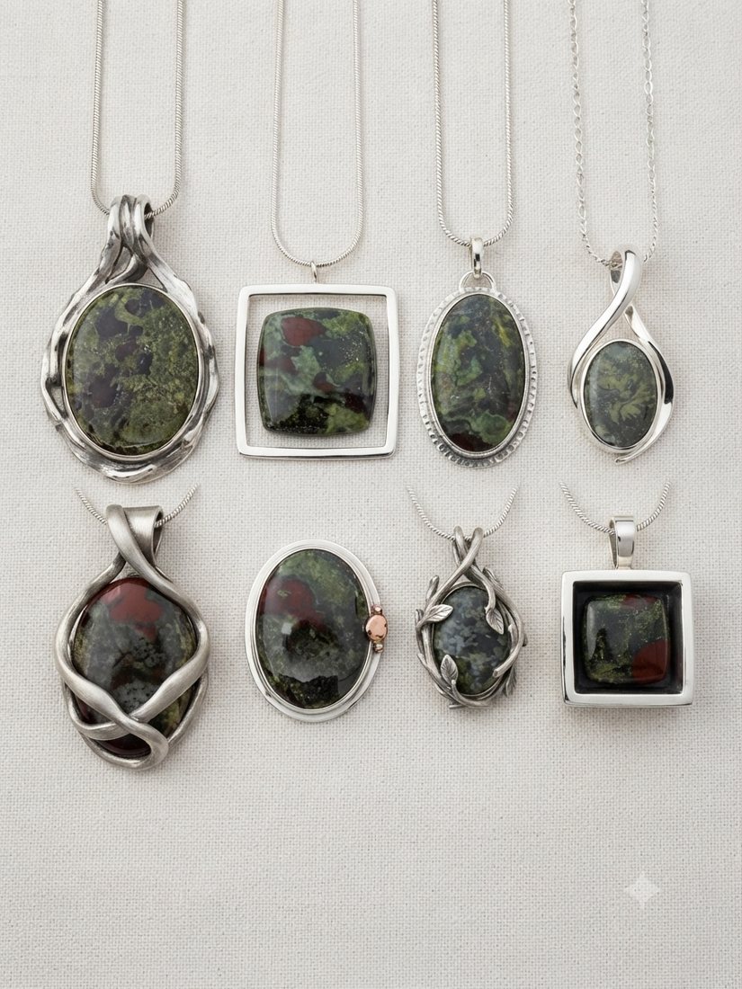 Dragon Blood Jasper Pendants, Green jasper with red flecks; oval, square-frame and wrapped settings