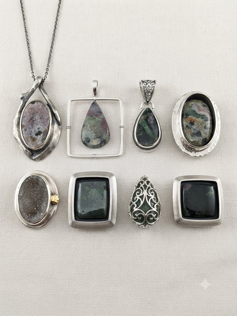 Druzy & Moss Agate Pendants, Sparkling druzy agate and dark green moss agate in square and wrapped settings