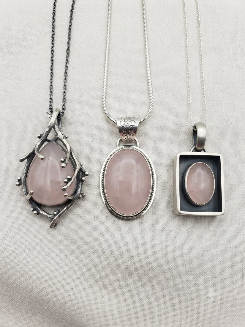 Rose Quartz Pendants, Soft pink rose quartz; branch-wrap, oval and framed settings