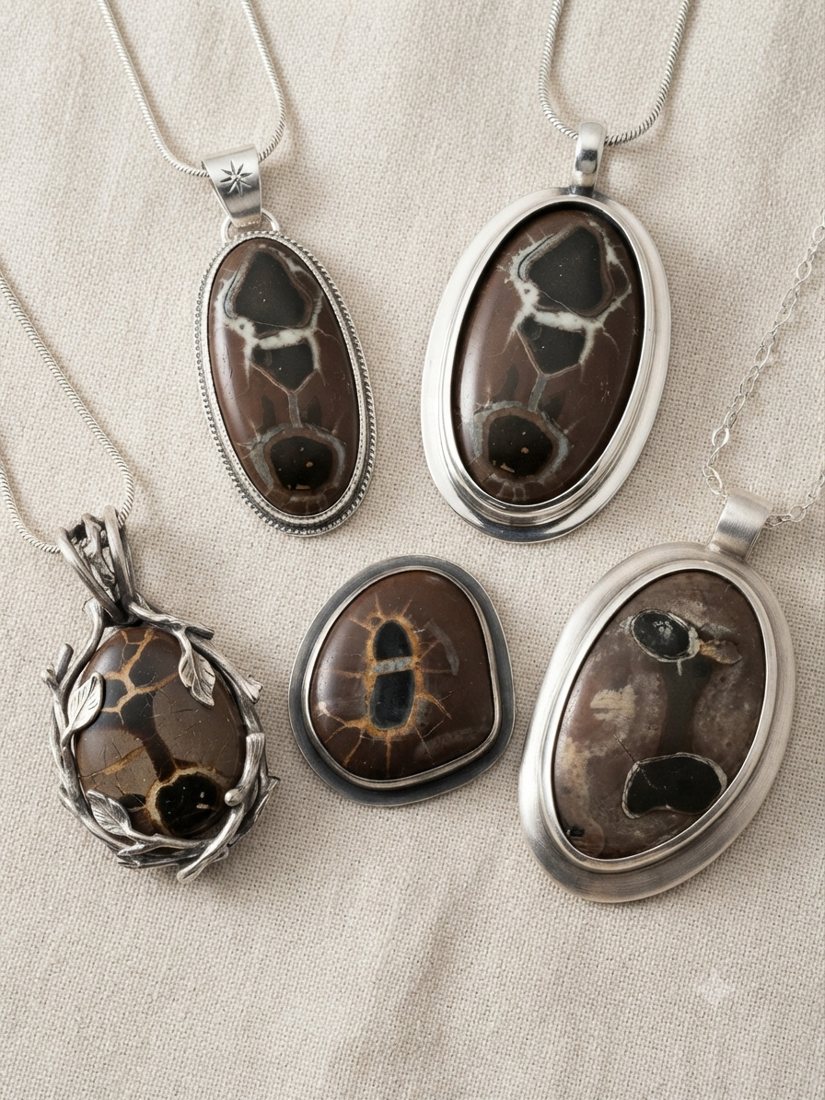 Septarian Pendants, Septarian nodule: brown clay with cream calcite veining