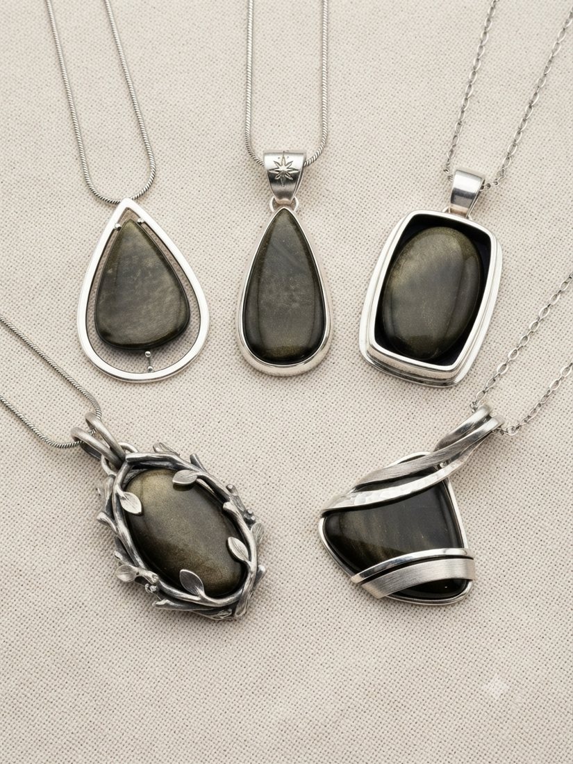 Golden Sheen Obsidian Pendants, Black obsidian with a golden sheen; teardrop, rectangle and wrapped settings