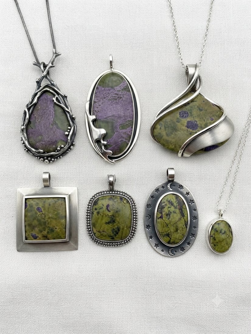 Stichtite & Serpentine Pendants, Purple stichtite in olive serpentine, and green serpentine