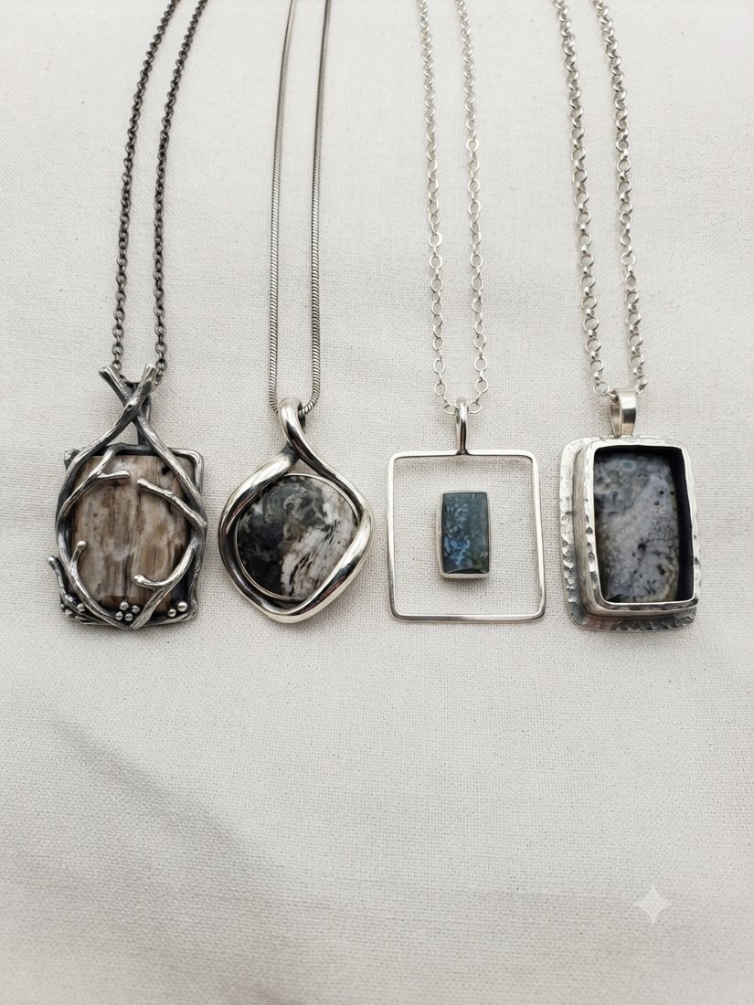 Petrified Wood & Blue Stone Pendants, Grey-cream petrified wood and blue-grey stones