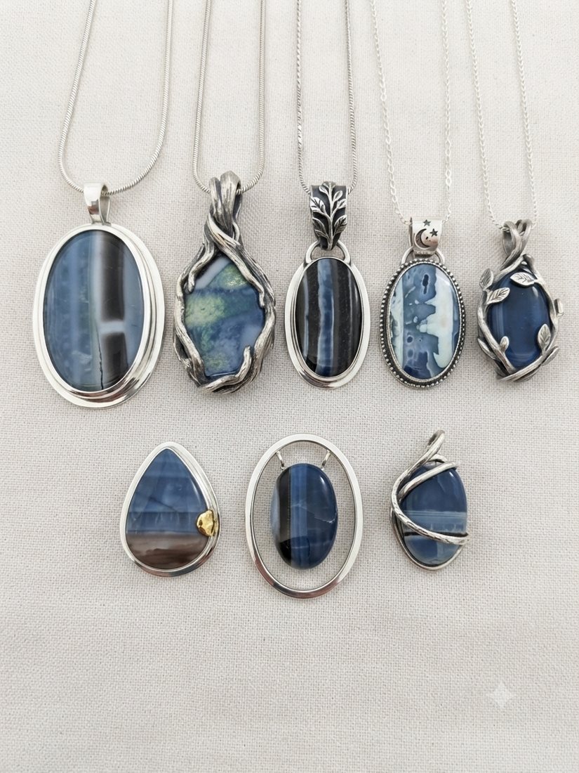 Blue Banded Agate Pendants, Blue and white banded agate; oval, wrapped and teardrop settings