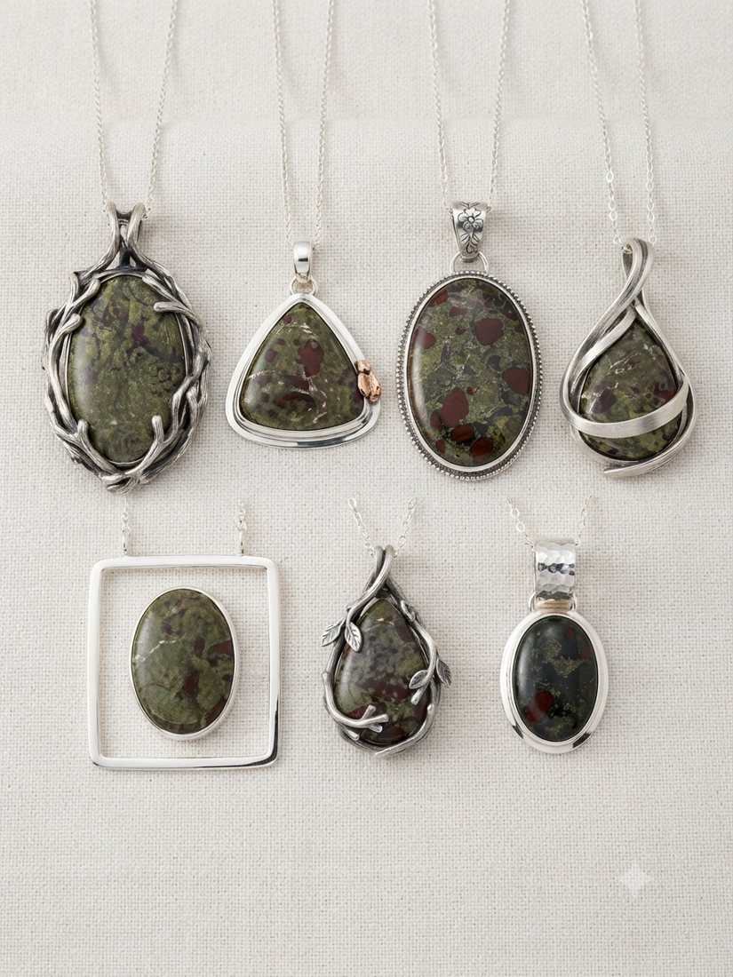 Dragon Blood Jasper Pendants II, Green jasper with red flecks; wrapped, triangle and open-frame settings