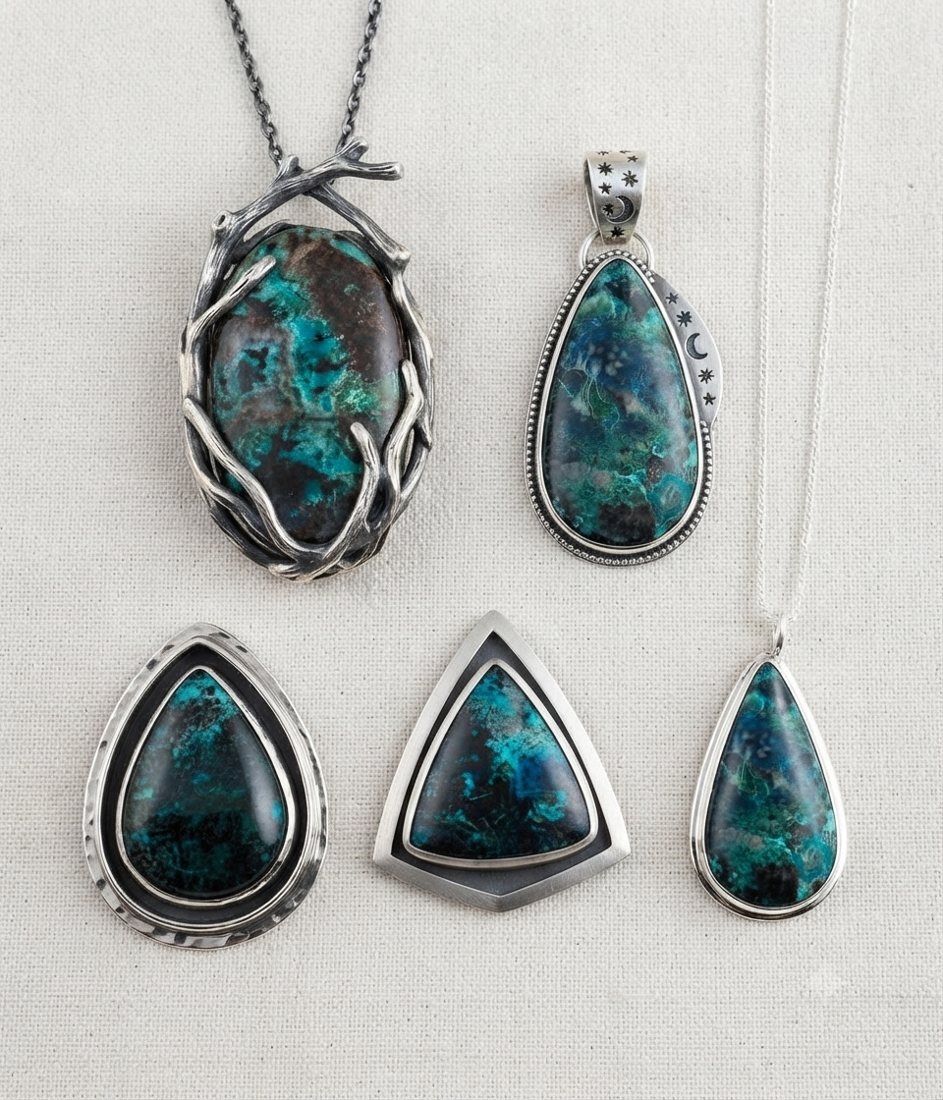 Chrysocolla Pendants, Teal and blue chrysocolla; teardrop, triangle and wrapped settings