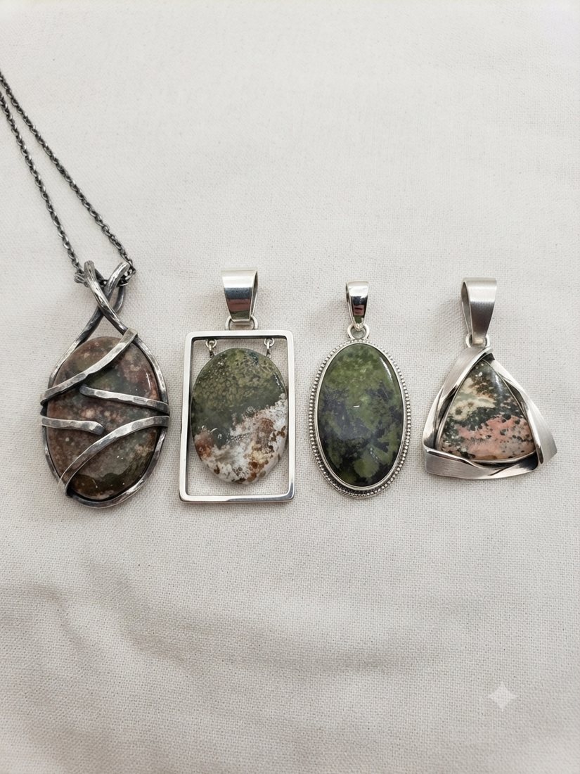 Rose & Green Jasper Pendants, Rose, green and white jasper; wrapped, framed and triangle settings