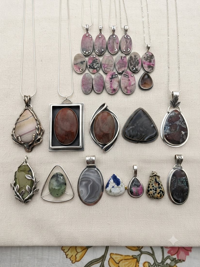 Mixed Gemstone Pendants, Assorted semi-precious stones: rhodonite, agate, jasper, lapis and more