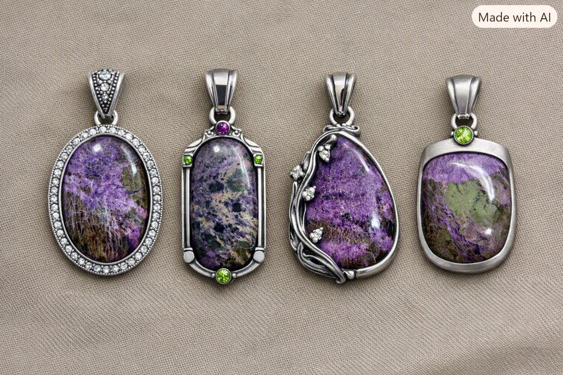 Stichtite Pendants with Peridot Accents, Purple stichtite with green peridot-toned accents