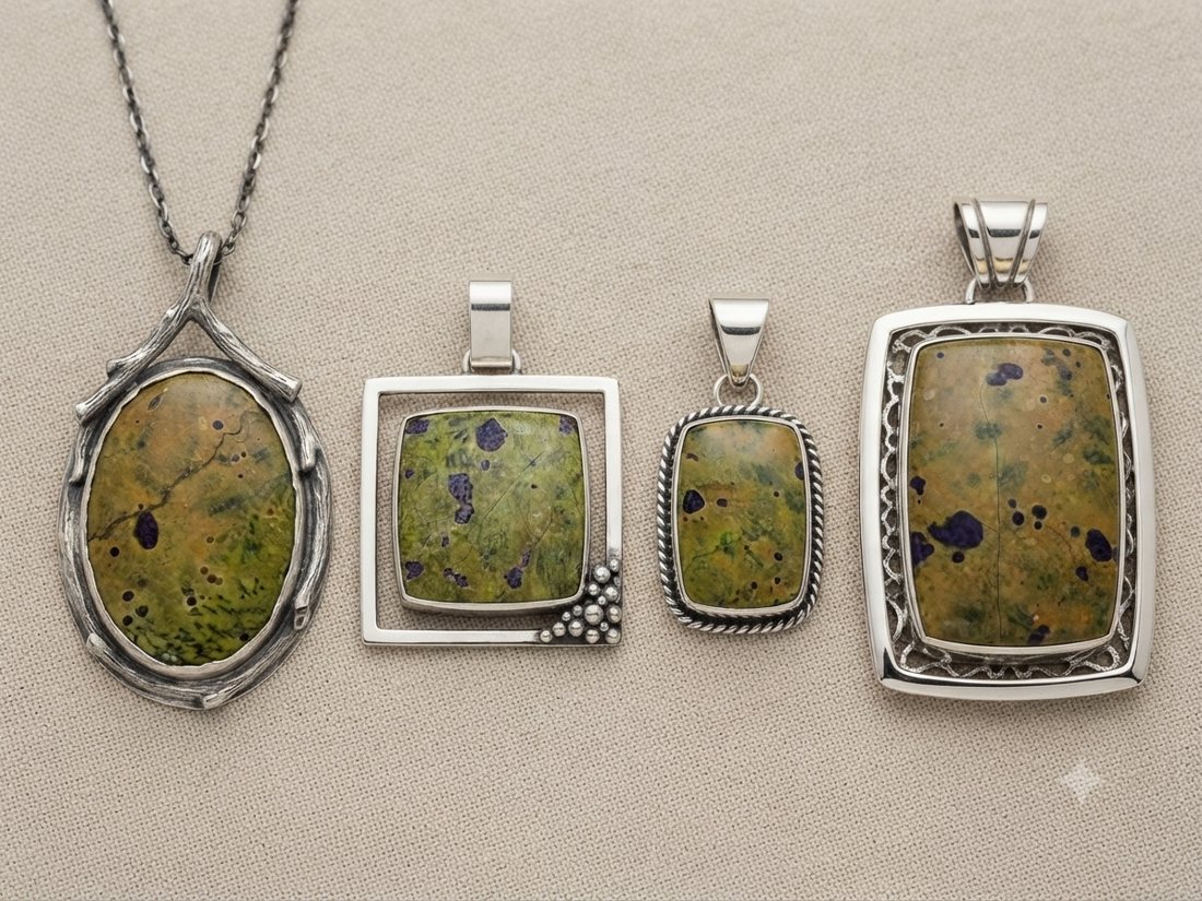 Atlantisite Pendants, Olive-green serpentine with purple stichtite flecks (atlantisite); oval, square and open-frame settings