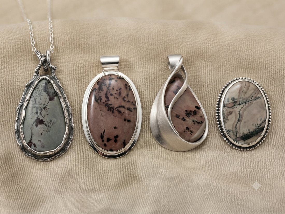 Rhodonite & Picture Jasper Pendants, Pink rhodonite with black flecks and grey picture jasper
