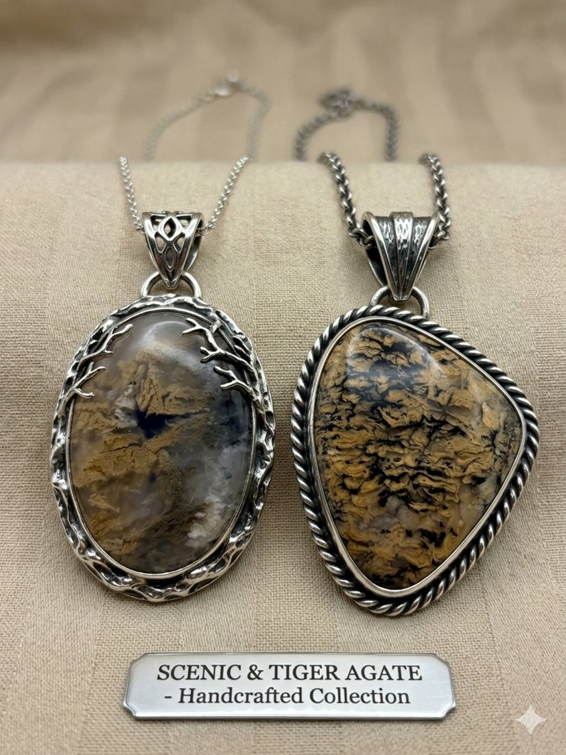 Scenic & Tiger Agate Pendants, Scenic agate and golden tiger agate in ornate settings