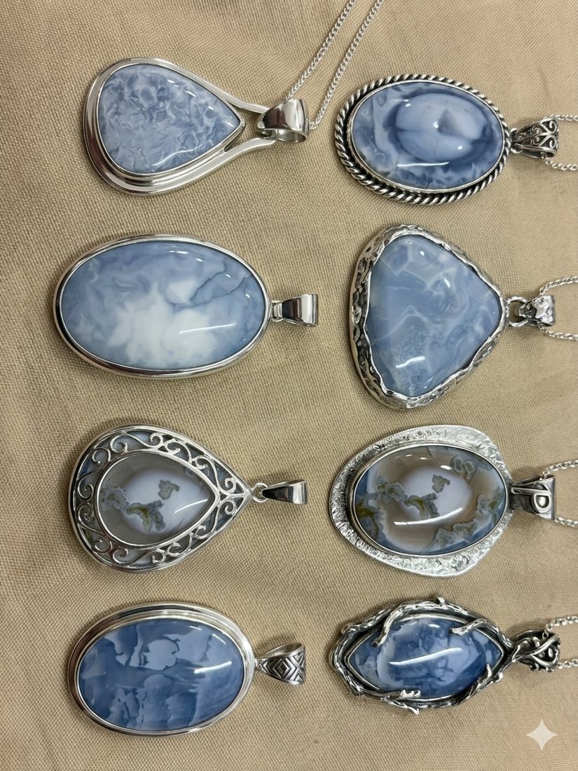 Blue Chalcedony & Moss Agate Pendants, Blue-white chalcedony and moss agate; teardrop, oval and wrapped settings
