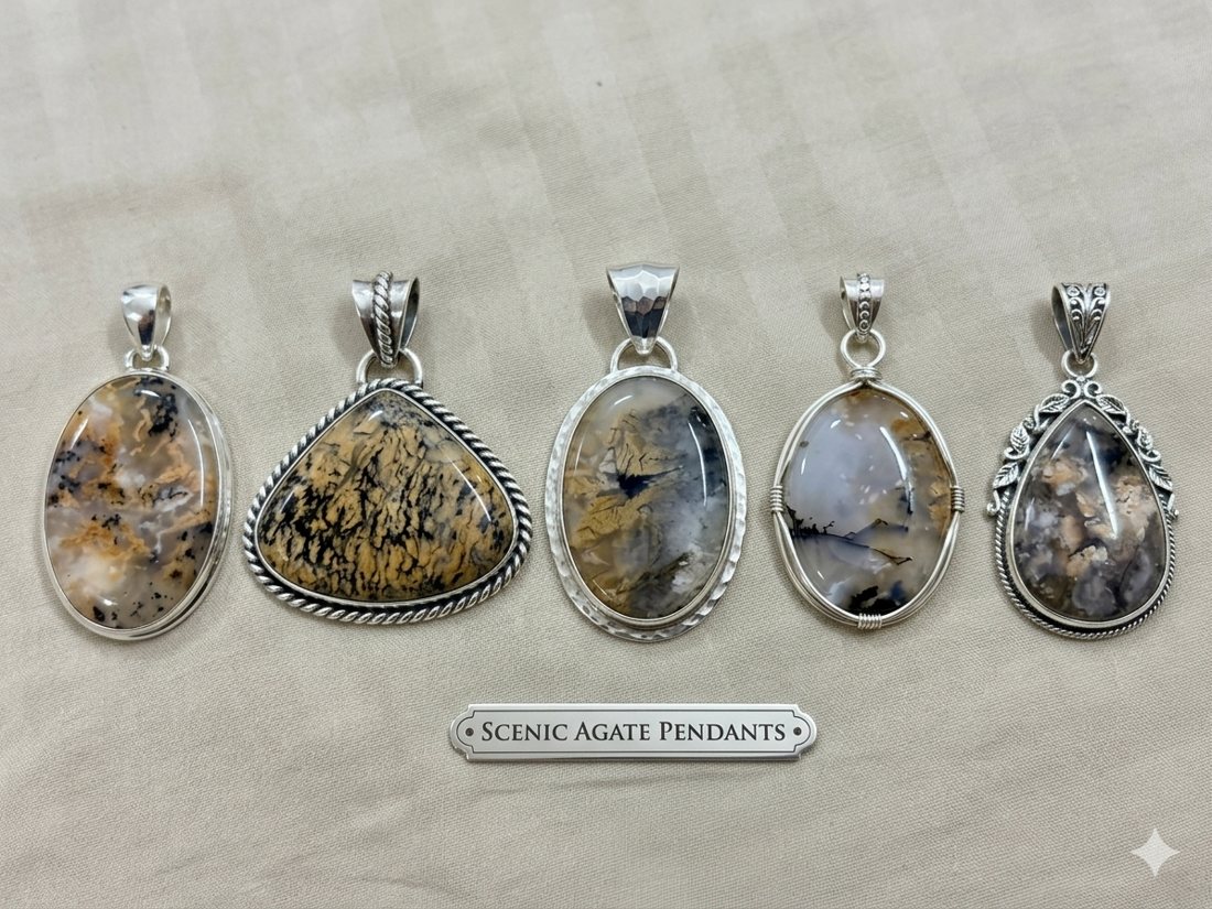 Scenic Agate Pendants, Scenic and dendritic agate; oval and triangle settings